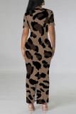 Dark Purple Casual Leopard Print Slit Contrast V Neck Printed Short Sleeve Dress