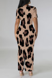 Dark Purple Casual Leopard Print Slit Contrast V Neck Printed Short Sleeve Dress
