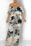Dark Blue Casual Floral Print Pocket Flounce Contrast Off Shoulder Jumpsuits