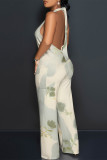 Light Pink Sexy Geometric Camouflage Print Pocket Lace Up Backless Contrast Halter Loose Jumpsuits