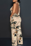 Light Pink Sexy Geometric Camouflage Print Pocket Lace Up Backless Contrast Halter Loose Jumpsuits