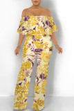 Dark Blue Casual Floral Print Pocket Flounce Contrast Off Shoulder Jumpsuits