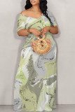 Green Sexy Geometric Print Pocket Contrast V Neck Printed Dresses