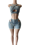 Blue Sexy Solid Color Hollow Out Buttons Zipper Asymmetrical Collar Sleeveless Two Pieces