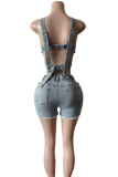 Blue Sexy Solid Color Hollow Out Buttons Zipper Asymmetrical Collar Sleeveless Two Pieces