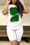 White Green Casual Skull Ombre Rainbow Print Four Leaf Clover O Neck Short Sleeve Two Pieces