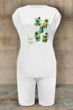 Orange Green Casual Letter Print Four Leaf Clover Contrast O Neck Short Sleeve Two Pieces