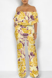 Dark Blue Casual Floral Print Pocket Flounce Contrast Off Shoulder Jumpsuits