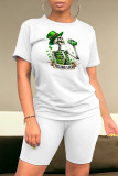 White Green Casual Skull Ombre Rainbow Print Four Leaf Clover O Neck Short Sleeve Two Pieces