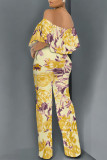 Dark Blue Casual Floral Print Pocket Flounce Contrast Off Shoulder Jumpsuits