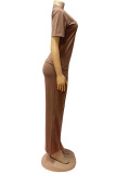 Brown Casual Daily Solid Color Basic O Neck Short Sleeve Two Pieces