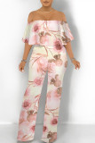 Dark Blue Casual Floral Print Pocket Flounce Contrast Off Shoulder Jumpsuits