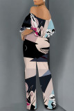Dark Blue Casual Floral Print Pocket Flounce Contrast Off Shoulder Jumpsuits