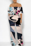 Dark Blue Casual Floral Print Pocket Flounce Contrast Off Shoulder Jumpsuits
