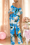 Dark Blue Casual Floral Print Pocket Flounce Contrast Off Shoulder Jumpsuits