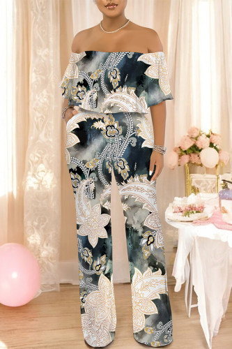 Dark Blue Casual Floral Print Pocket Flounce Contrast Off Shoulder Jumpsuits
