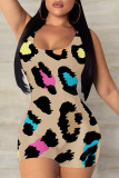Grey Casual Leopard Print Contrast U Neck Skinny Rompers