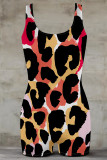 Grey Casual Leopard Print Contrast U Neck Skinny Rompers