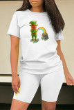 White Green Casual Skull Ombre Rainbow Print Four Leaf Clover O Neck Short Sleeve Two Pieces