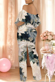 Dark Blue Casual Floral Print Pocket Flounce Contrast Off Shoulder Jumpsuits