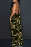 Light Pink Sexy Geometric Camouflage Print Pocket Lace Up Backless Contrast Halter Loose Jumpsuits