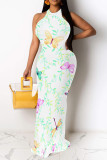 Pink Casual Floral Print Contrast O Neck Long Dresses