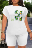 Orange Green Casual Letter Print Four Leaf Clover Contrast O Neck Short Sleeve Two Pieces