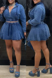 Blue Casual Solid Color Zipper Hooded Long Sleeve Two Pieces