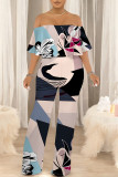 Dark Blue Casual Floral Print Pocket Flounce Contrast Off Shoulder Jumpsuits