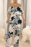 Dark Blue Casual Floral Print Pocket Flounce Contrast Off Shoulder Jumpsuits