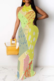 Pink Casual Floral Print Contrast O Neck Long Dresses