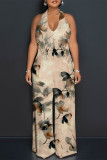 Light Pink Sexy Geometric Camouflage Print Pocket Lace Up Backless Contrast Halter Loose Jumpsuits
