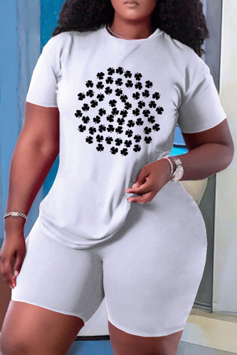 White Black Casual Skull Ombre Rainbow Print Four Leaf Clover O Neck Short Sleeve Two Pieces