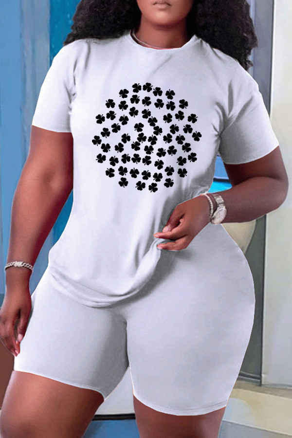 White Black Casual Skull Ombre Rainbow Print Four Leaf Clover O Neck Short Sleeve Two Pieces