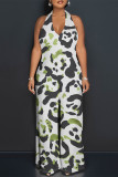 Light Pink Sexy Geometric Camouflage Print Pocket Lace Up Backless Contrast Halter Loose Jumpsuits