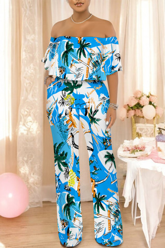 Baby Blue Casual Floral Print Pocket Flounce Contrast Off Shoulder Jumpsuits