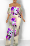 Dark Blue Casual Floral Print Pocket Flounce Contrast Off Shoulder Jumpsuits