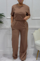 Brown Casual Daily Solid Color Basic O Neck Short Sleeve Two Pieces