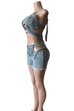 Blue Sexy Solid Color Hollow Out Buttons Zipper Asymmetrical Collar Sleeveless Two Pieces