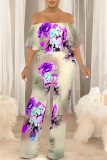Dark Blue Casual Floral Print Pocket Flounce Contrast Off Shoulder Jumpsuits