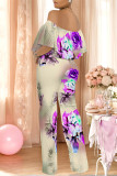 Dark Blue Casual Floral Print Pocket Flounce Contrast Off Shoulder Jumpsuits