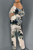 Dark Blue Casual Floral Print Pocket Flounce Contrast Off Shoulder Jumpsuits