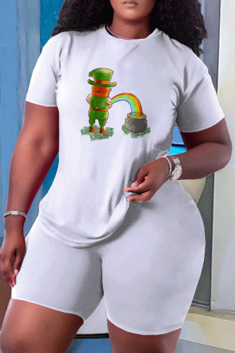 White Casual Skull Ombre Rainbow Print Four Leaf Clover O Neck Short Sleeve Two Pieces