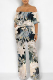 Dark Blue Casual Floral Print Pocket Flounce Contrast Off Shoulder Jumpsuits