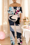 Dark Blue Casual Floral Print Pocket Flounce Contrast Off Shoulder Jumpsuits