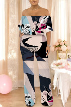Multicolor Casual Floral Print Pocket Flounce Contrast Off Shoulder Jumpsuits