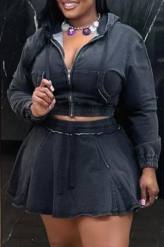 Black Casual Solid Color Zipper Hooded Long Sleeve Two Pieces