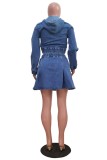 Blue Casual Solid Color Zipper Hooded Long Sleeve Two Pieces