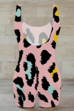 Grey Casual Leopard Print Contrast U Neck Skinny Rompers