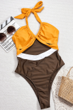 Yellow Sexy Hollow Out Contrast Swimwears